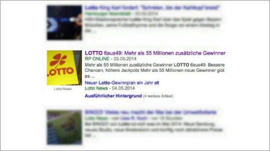 Ein Advertorial von RP Online direkt auf der ersten Ergebnisseite bei einer Google-News-Suche nach Lotto