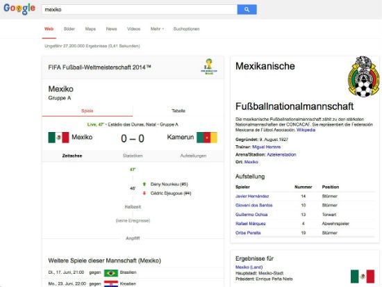 Screenshot einer Suche nach "Mexiko" während des Spiels Mexiko gegen Kamerun
