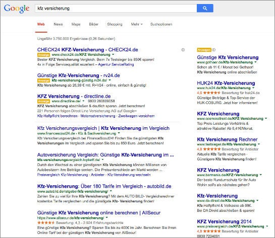 Suchergebnisseite für einen kommerziellen Begriff mit Google Adwords Anzeigen
