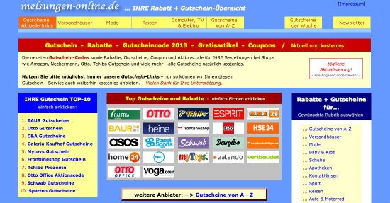 Der Gutscheinbereich von Melsungen-Online (Screenshot)