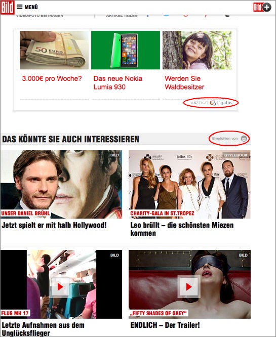 Anzeigen von Ligatus und Content-Empfehlungen von Outbrain auf Bild.de (Screenshot)