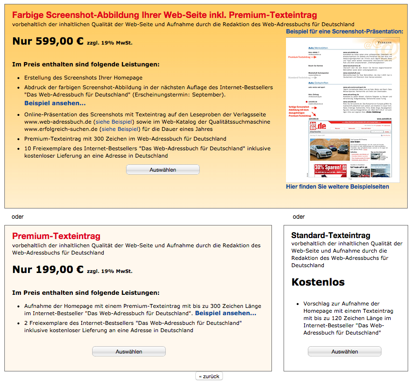 Screenshot: Werbemöglichkeiten beim Web-Adressbuch