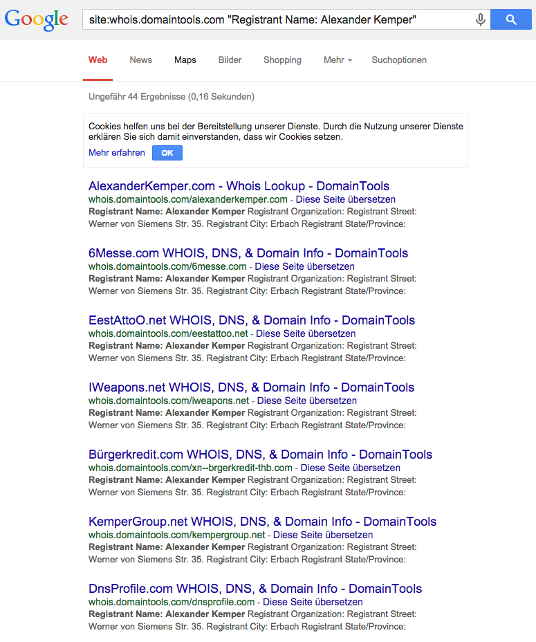 Screenshot: Whois-Abfrage über Google bei domaintools.com nach Alexander Kemper
