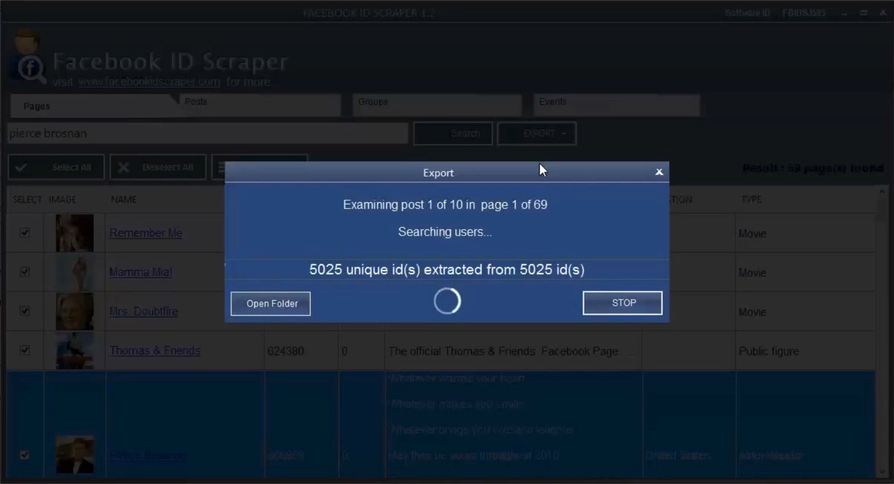 Demo des Tools "Facebook ID Scraper" – hier werden gerade User IDs von Fans von Seiten über Pierce Brosnan extrahiert (Screenshot aus einem Youtube-Video)