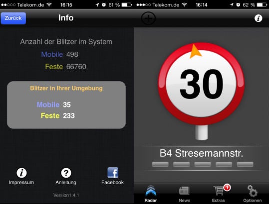 Screenshots: Blitzer.de (kostenlose iOS-App)