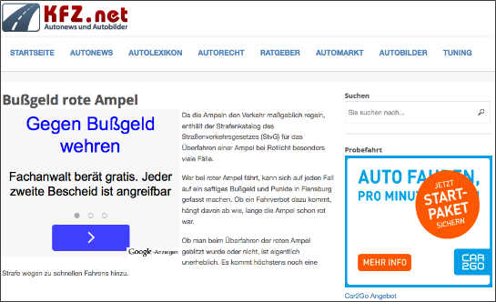 Werbung für Rechtsberatung auf Kfz.net auf der Seite über mögliche Strafen nach dem Überfahren einer roten Ampel