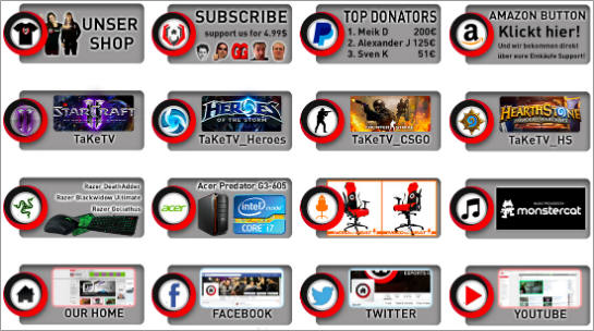 Viele Twitch-Kanalbetreiber nutzen zusätzliche Einnahmequellen wie einen eigenen Shop und Affiliate-Links – hier ein Screenshot aus dem Kanal von TakeTV