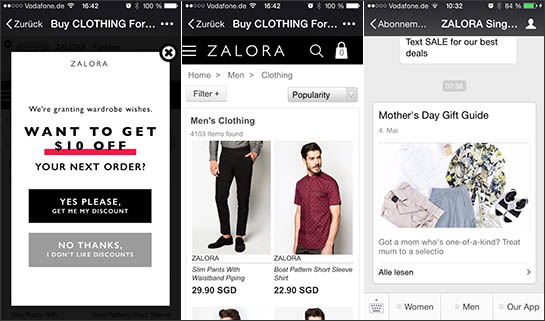 Die Modemarke Zalora bietet exklusive Coupons, einen WeChat-Shop und hält seine Follower mit Nachrichten auf dem Laufenden (von links).