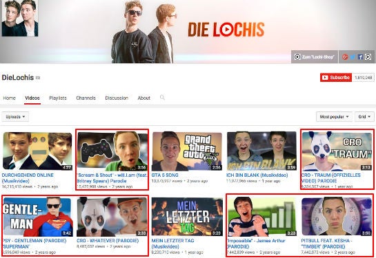 Die beliebtesten Videos von "Die Lochis" (erneut sind die Parodie-Videos rot markiert)