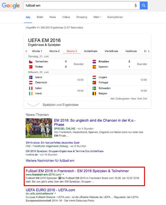 Zum Suchbegriff "fußball em" rankt Nils Römelings Seite noch vor der offiziellen Seite der UEFA (Screenshot: 22. Juni, 14 Uhr)