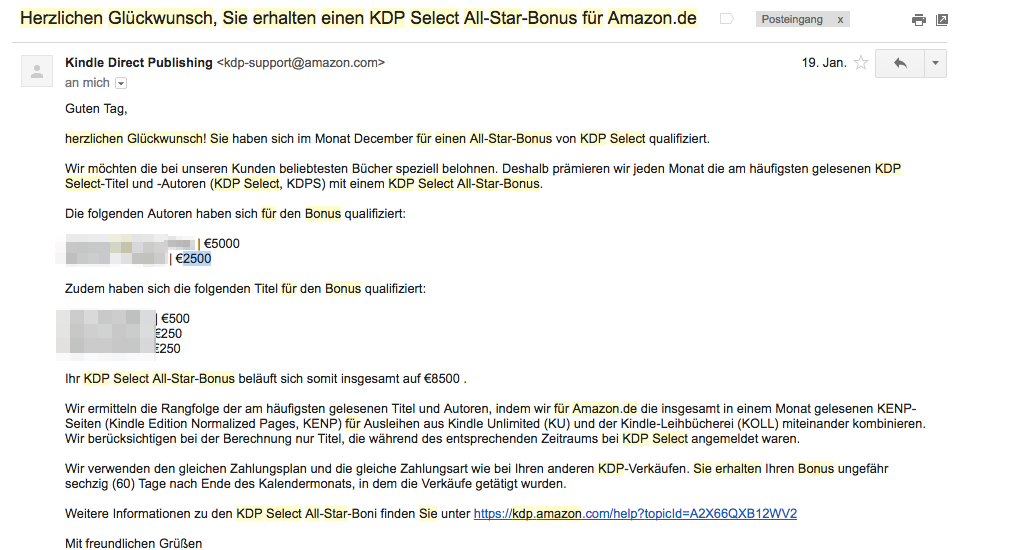 Sam Feuerstein bekommt den Amazon All-Star-Bonus.