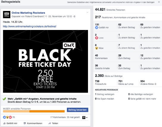 44.000 Kontakte mit einem Facebook-Post – ein Screenshot aus unserem Facebook-Account