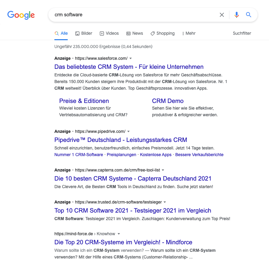 Google-Suche zu crm software