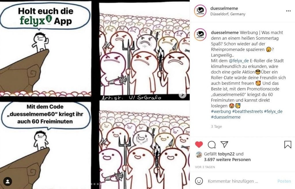 Ein Werbepost von Felyx auf dem Instagram Account von duesselmeme (der Original-Post ist mittlerweile gelöscht)