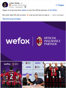 Wefox-Gründer Julian Teicke freut sich bei Linkedin über die Partnerschaft mit dem AC Mailand. Foto: Screenshot