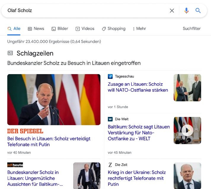 Google Newsbox mit Nachrichten über Olaf Scholz
