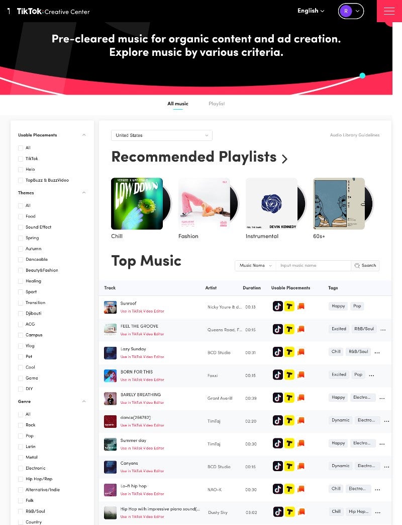 Tiktoks "Audio Library" für Unternehmen (Screenshot)