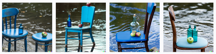 Das entsteht, wenn man Dall-E bittet, folgendes Motiv zu kreieren: "Eine blaue Flasche steht auf einem Stuhl, der in einem Fluss steht, mit zwei Äpfeln an der Seite." Foto: Dall-E