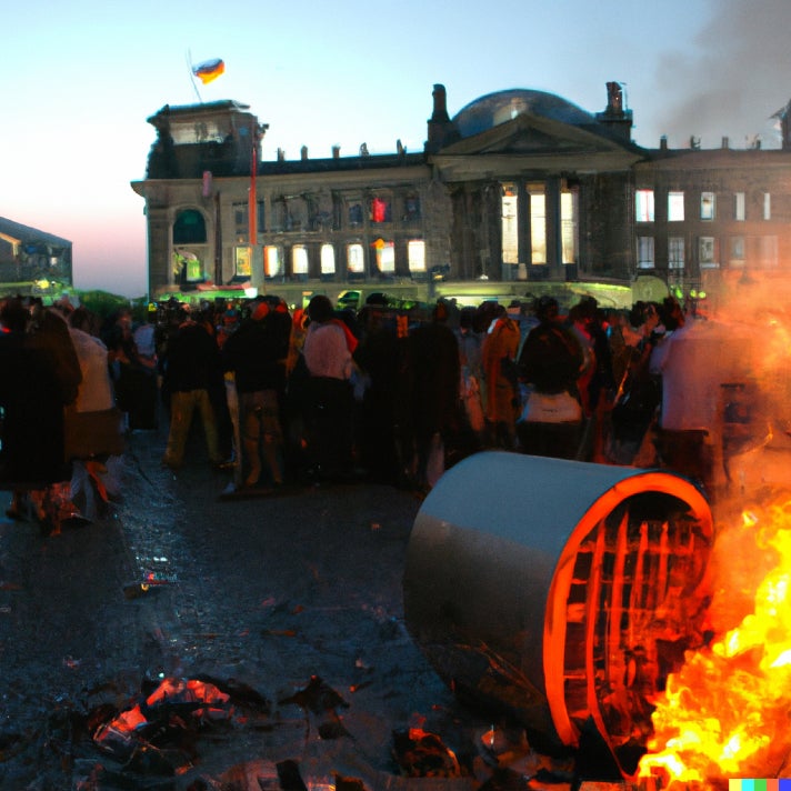 Dieses Bild entsteht, wenn man bei Dall-E "Riots in front of the German Bundestag" eingibt. Foto: Dall-E