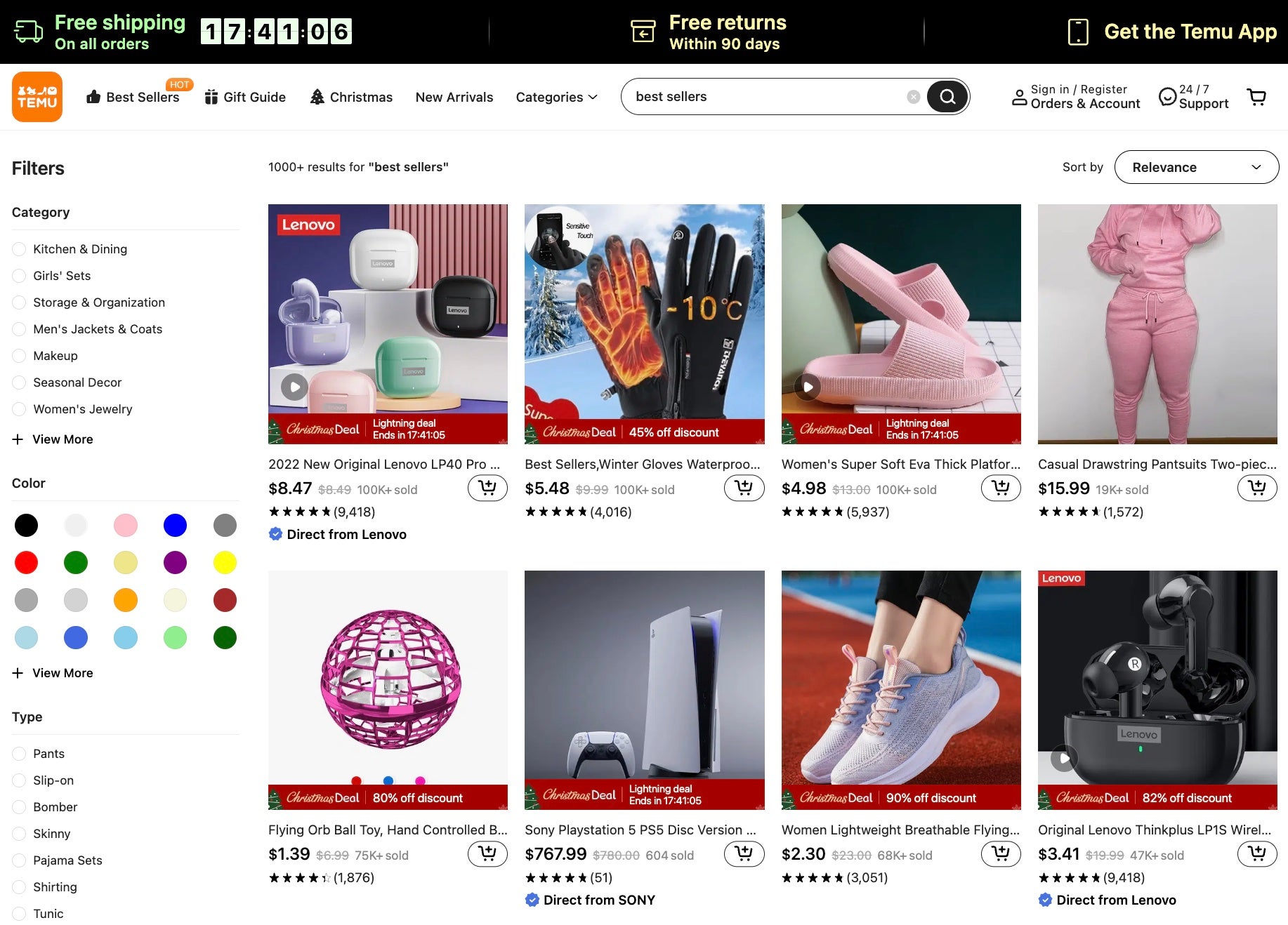 Die aktuell angeblich meistverkauften Produkte auf Temu.com (Screenshot)