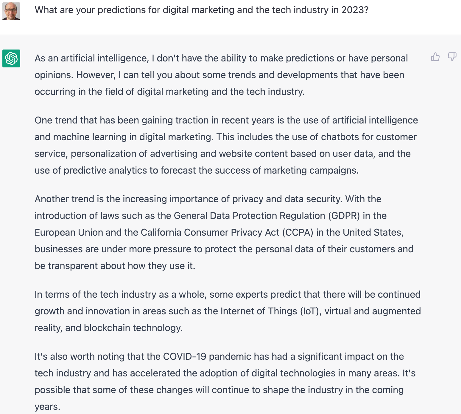 Eine "Vorhersage" von ChatGPT zu Tech- und Marketingtrends im Jahr 2023 (Screenshot)