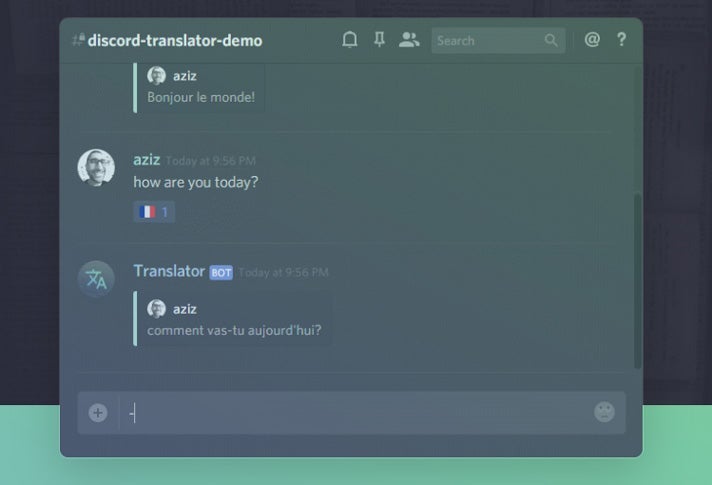 Screenshot of the Discord Translator bot showing a translation