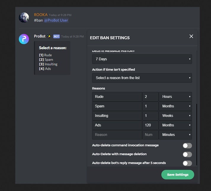 Screenshot of the ProBot Discord bot showing ban settings