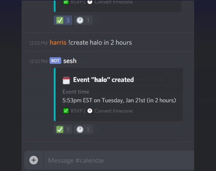 Screenshot of the Sesh Discord bot which was used to create an event