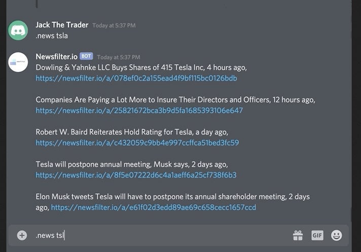 Screenshot of the Stock Market News Discord bot showing stock market news