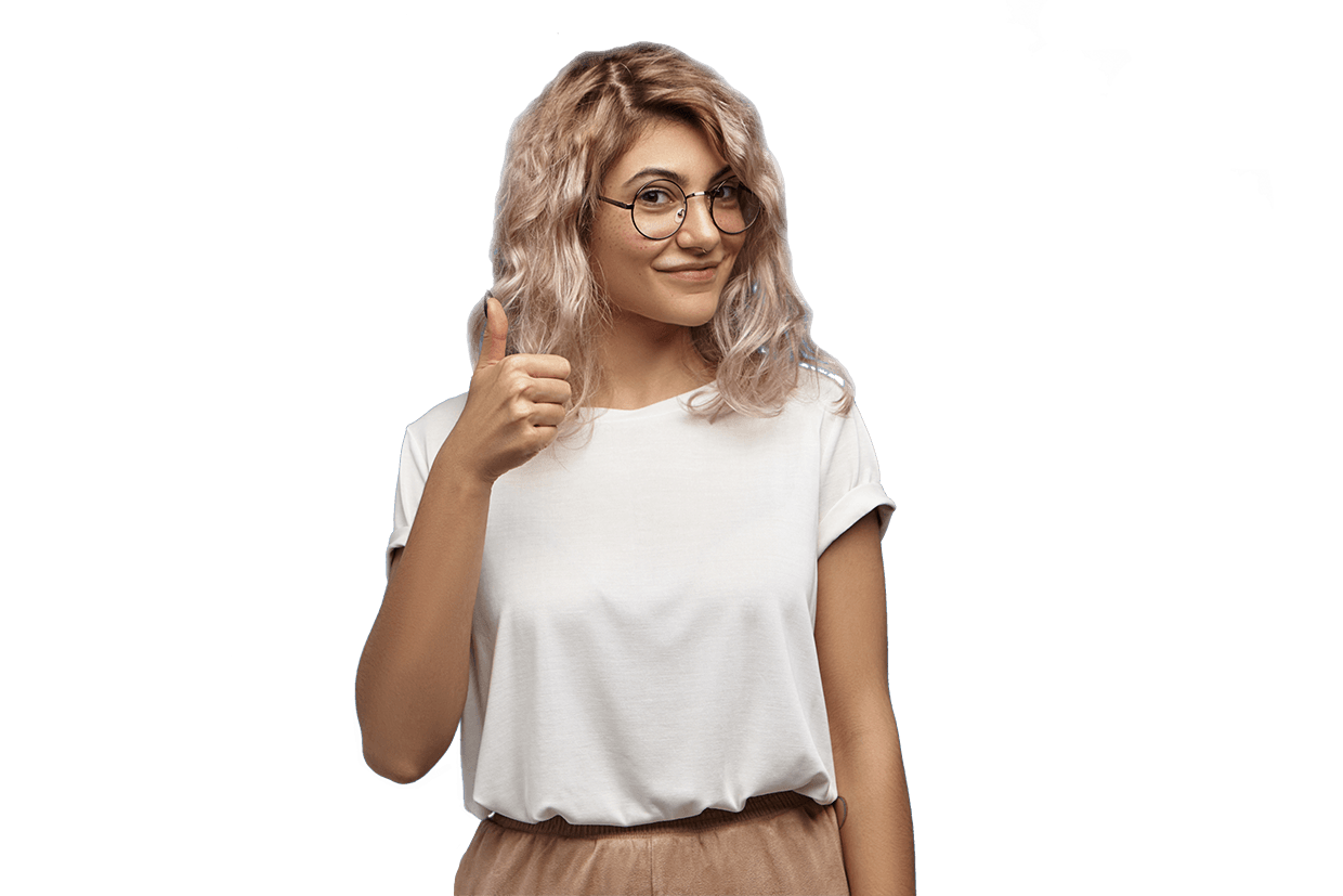 Nerdy woman in her 30s wearing glasses, smiling and showing OK gesture.